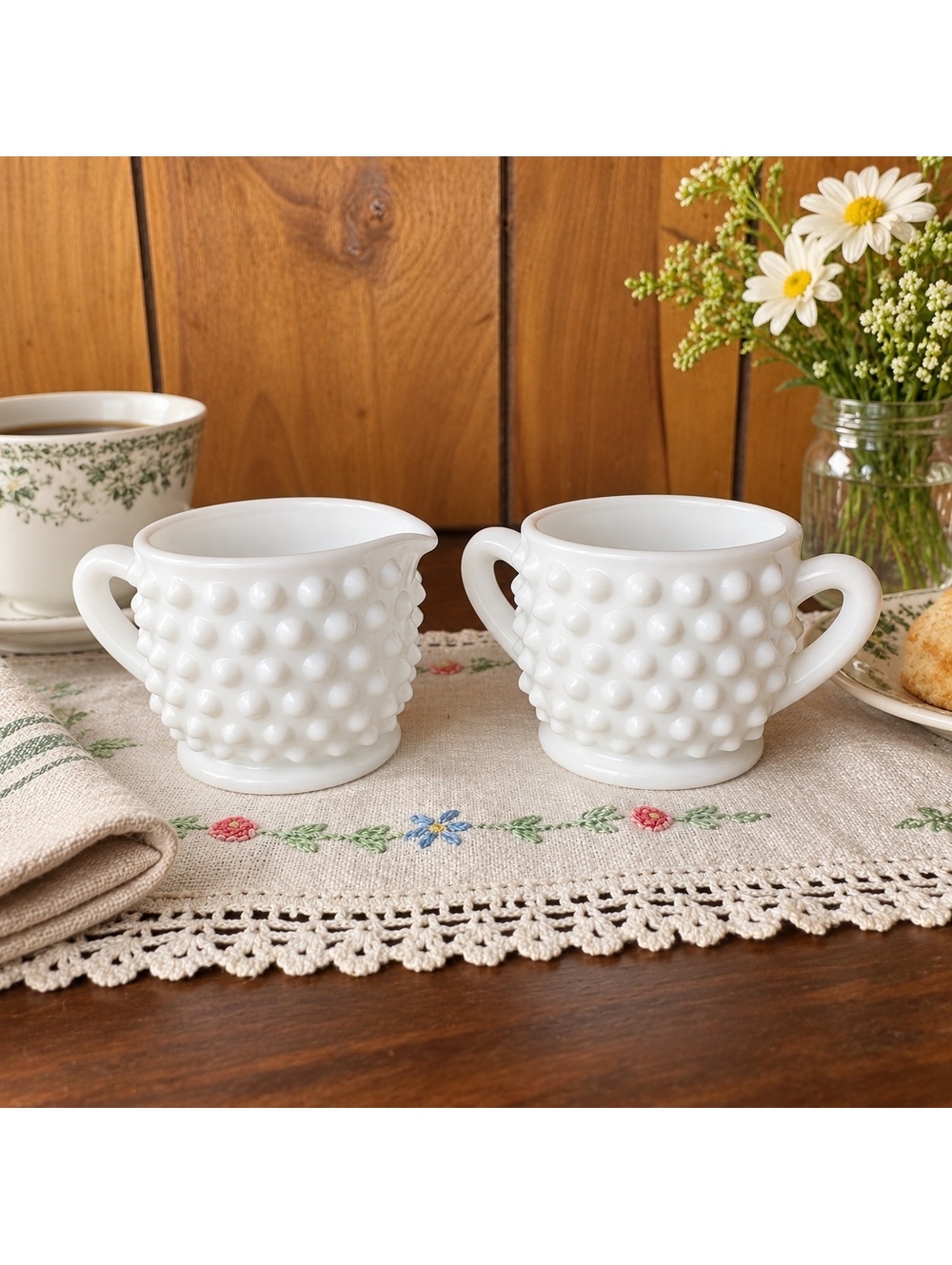 Vintage White Milk Glass Hobnail Creamer & Sugar Bowl Set Miniature Fenton Style